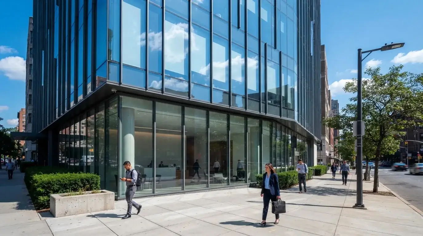 Edificio de oficinas moderno con fachada de cristal bajo un cielo despejado, gente caminando por la acera en una calle de ciudad.