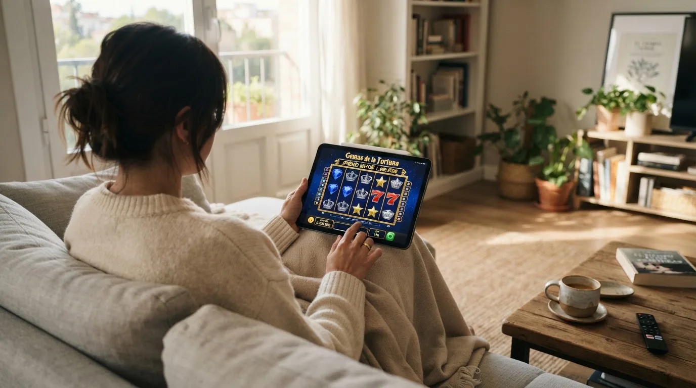 Persona sentada en un sofá usa una tableta con ambas manos en una sala de estar con luz natural de ventana.