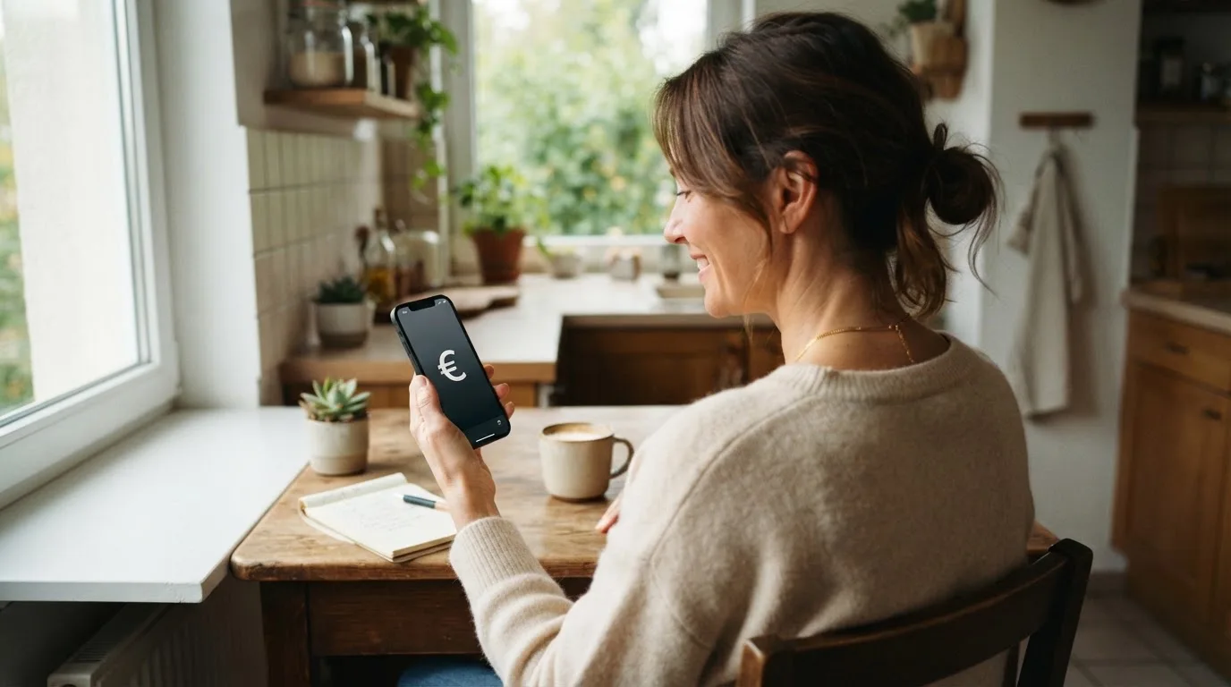 Mujer adulta sonríe mientras sostiene un teléfono móvil sentada en la cocina de su casa por la mañana.