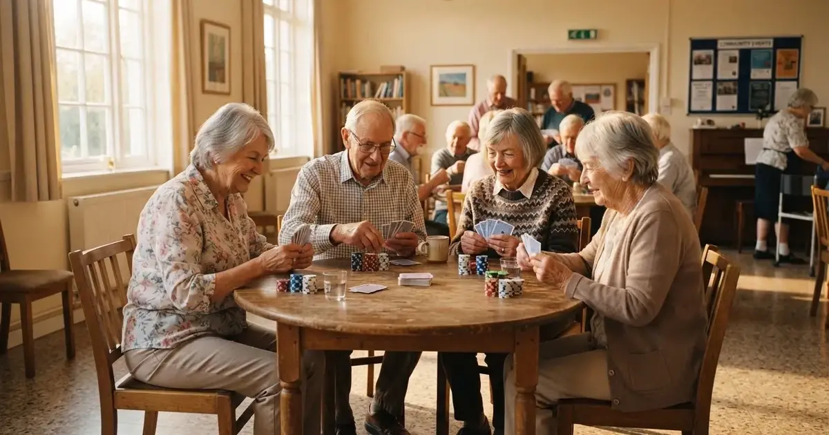 Grupo de personas mayores juega a las cartas alrededor de una mesa redonda en un salón comunitario iluminado.