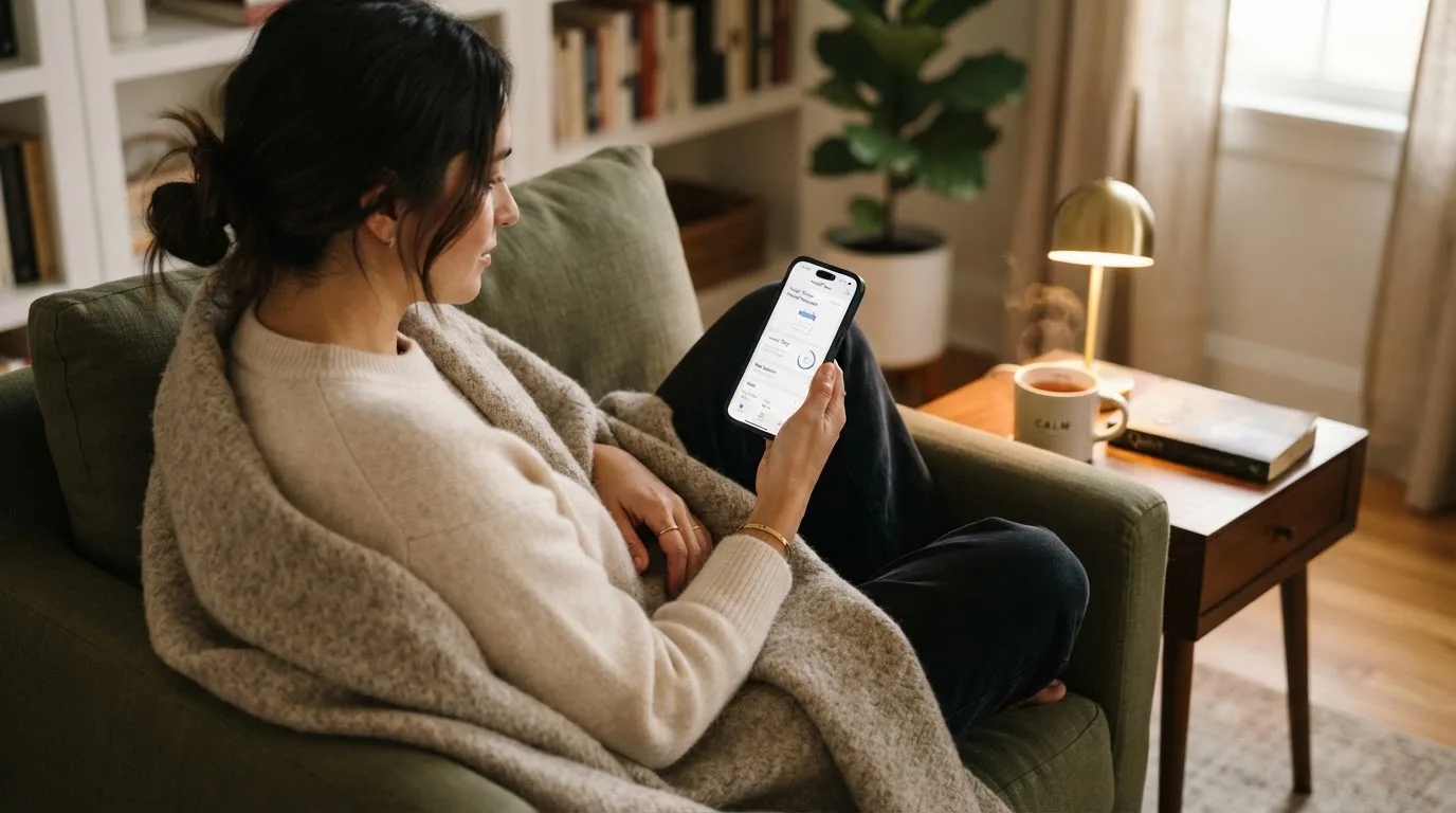 Persona sentada en un sillón cómodo consultando un teléfono móvil con una manta sobre las piernas en una sala tranquila.