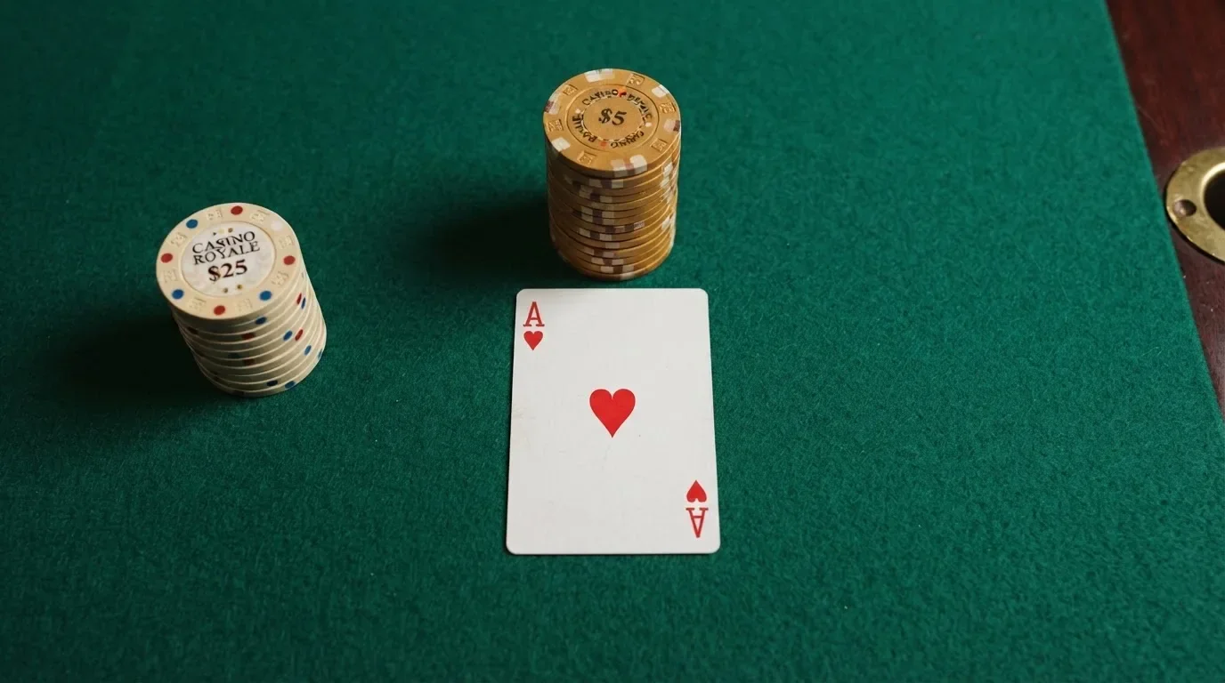 Vista cenital de una baraja de cartas y fichas de casino apiladas sobre una mesa de fieltro verde.