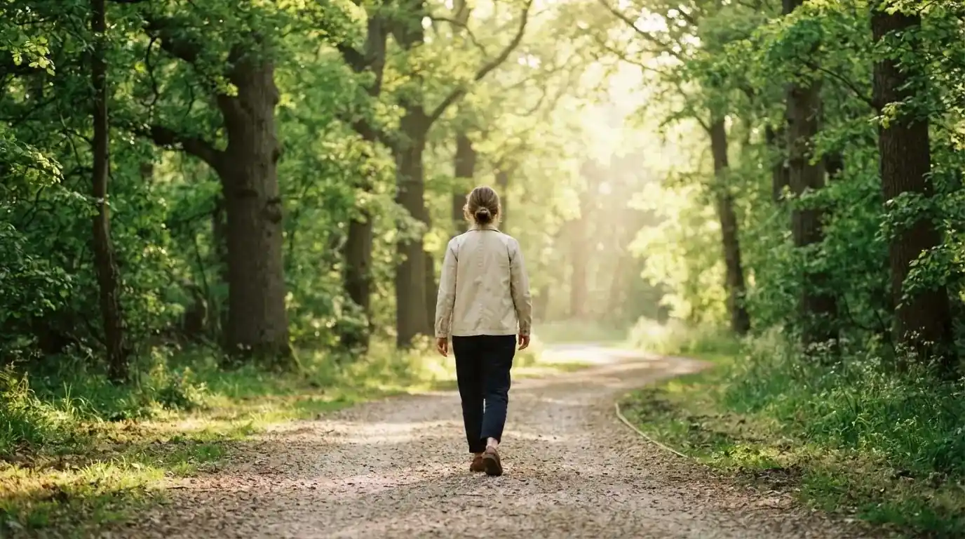 Persona caminando por un sendero arbolado durante una mañana soleada, en actitud relajada.