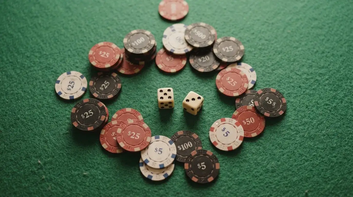 Vista cenital de fichas de casino y dados sobre una mesa de fieltro verde bajo luz suave.