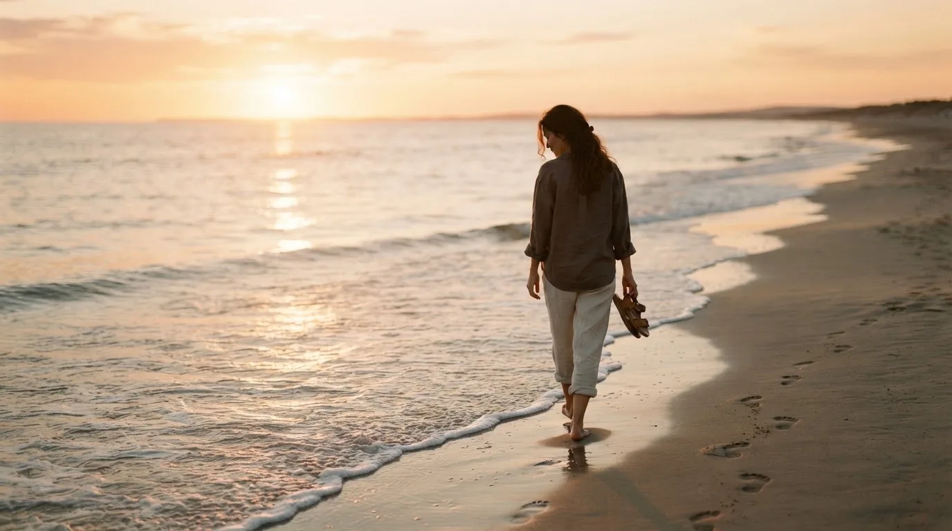 Persona caminando por la orilla del mar al atardecer en actitud relajada.