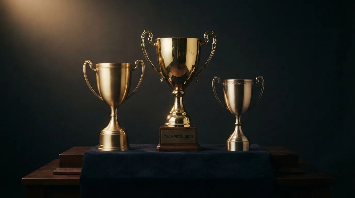 Tres trofeos dorados de distinto tamaño colocados sobre un podio iluminado con fondo oscuro.