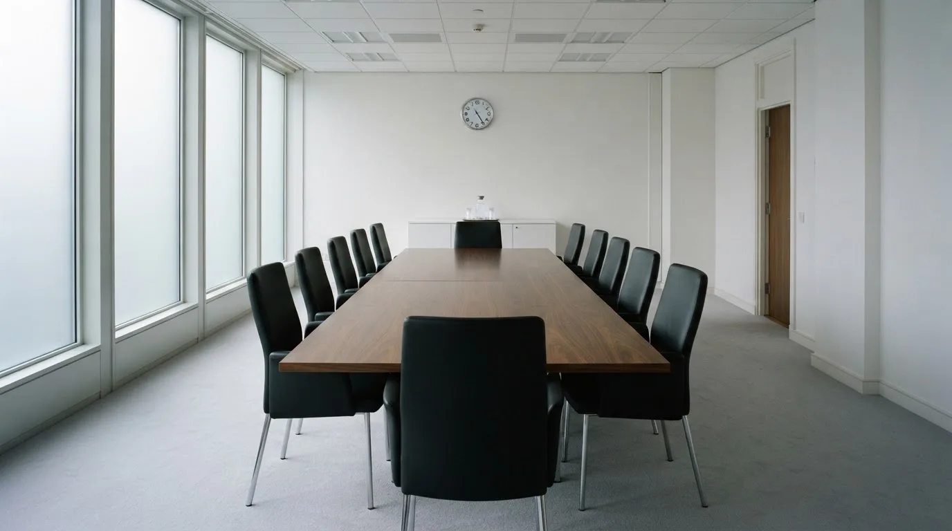 Interior de una sala de reuniones vacía con sillas ordenadas alrededor de una mesa larga.