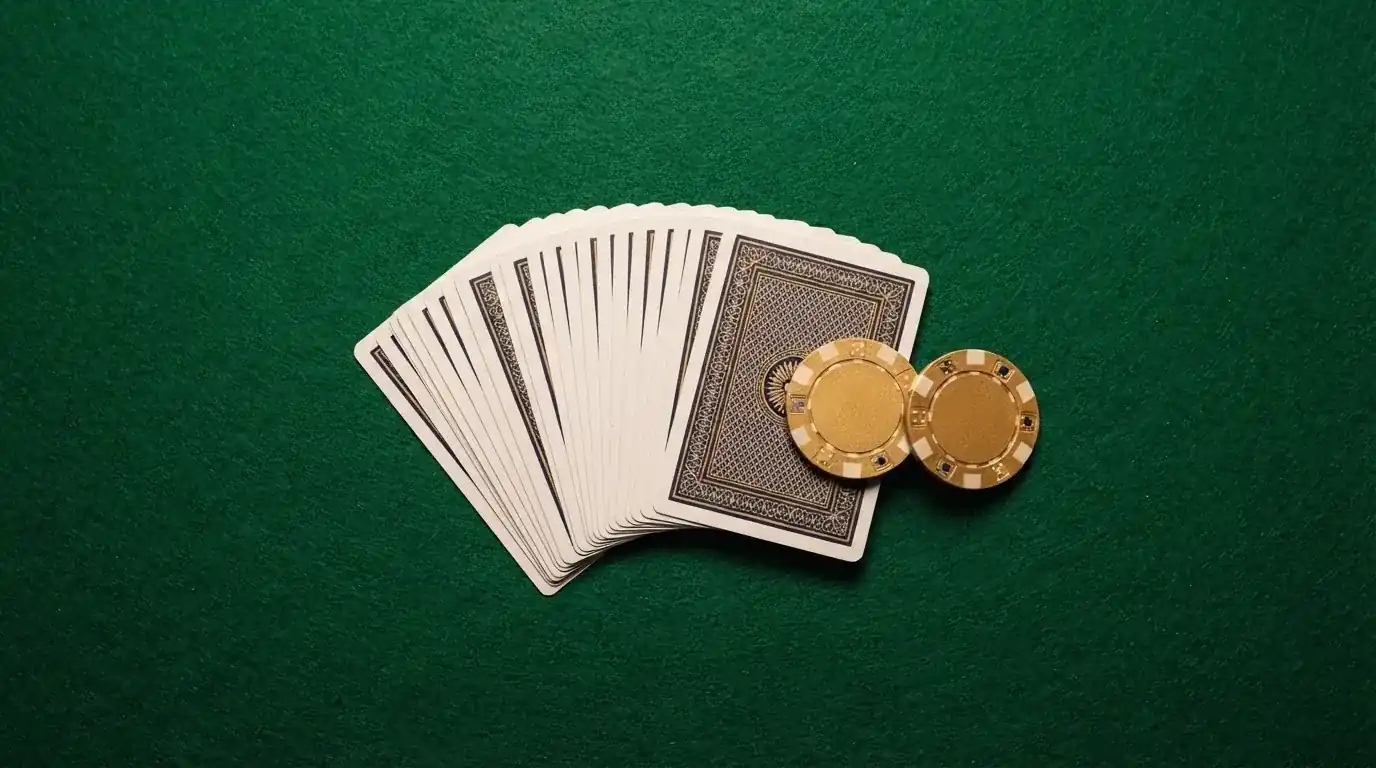 Vista cenital de fichas doradas y una baraja de cartas sobre una mesa de fieltro verde.