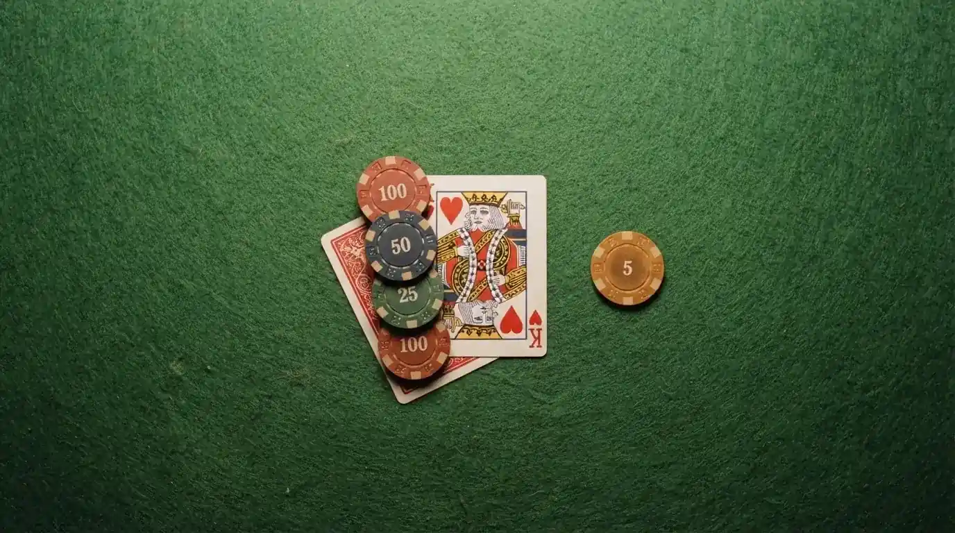Vista cenital de una baraja de cartas y fichas de casino apiladas sobre una mesa de fieltro verde.
