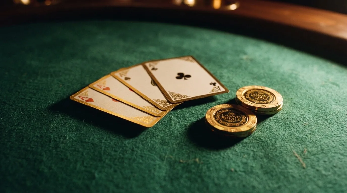 Vista cenital de fichas doradas y una baraja de cartas sobre una mesa de fieltro verde.