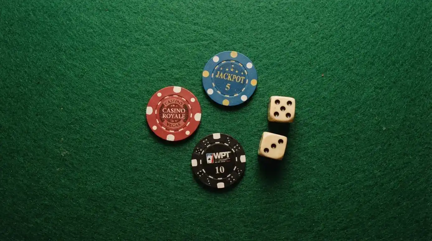 Vista cenital de fichas de casino y dados sobre una mesa de fieltro verde bajo luz suave.