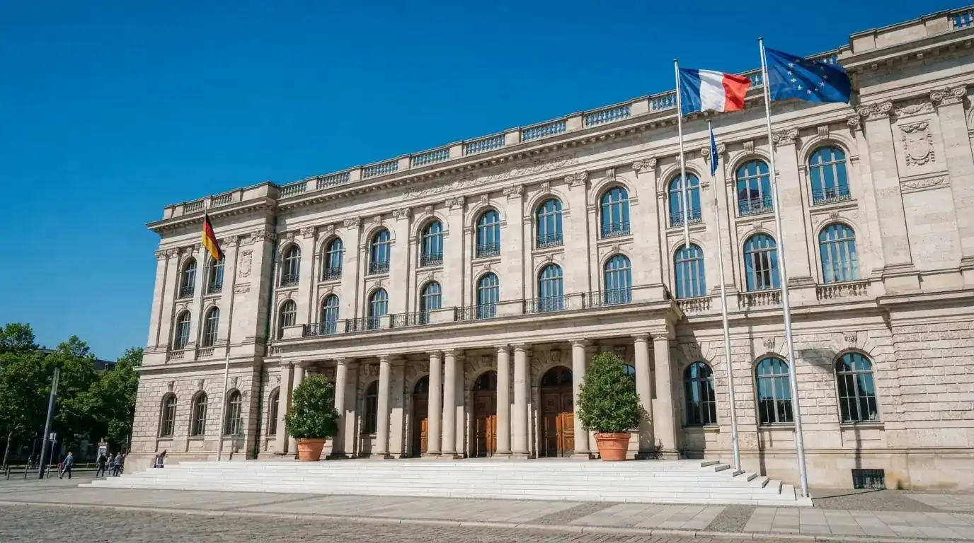 Fachada de un edificio institucional con banderas ondeando bajo un cielo despejado.