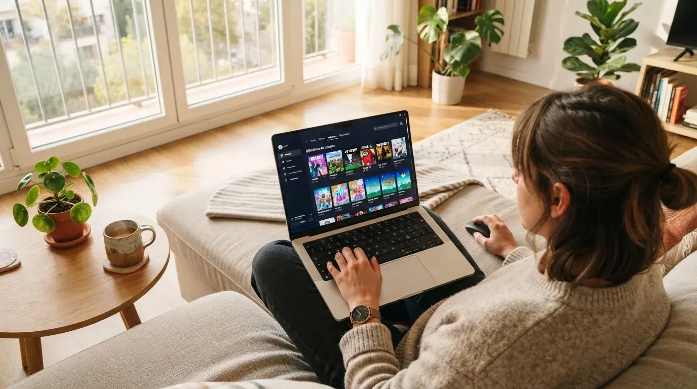 Una persona sentada en un sofá con un portátil abierto revisa opciones de entretenimiento en una sala de estar iluminada por la tarde.