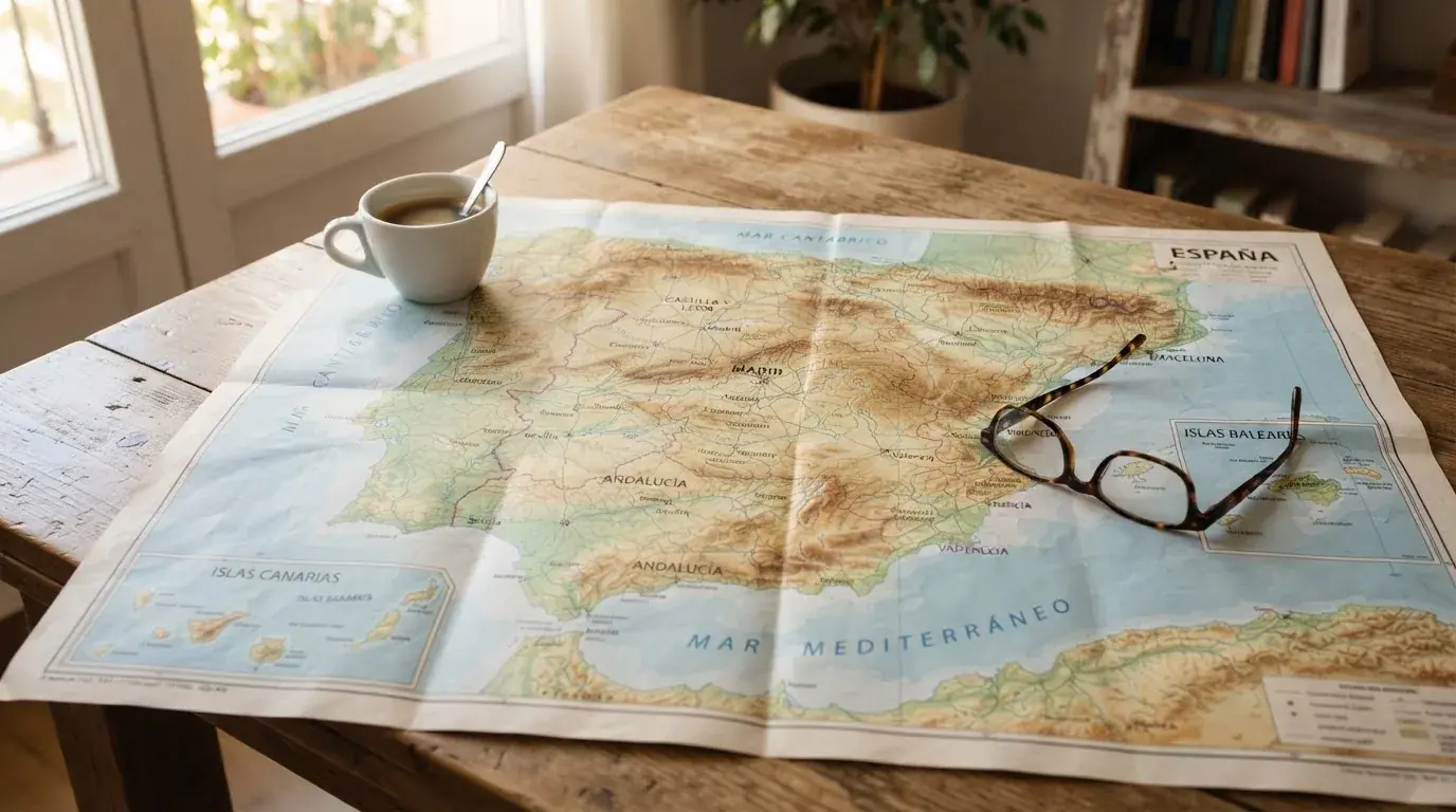 Un mapa físico de España sobre una mesa de madera junto a una taza de café y unas gafas, con luz natural entrando por una ventana.
