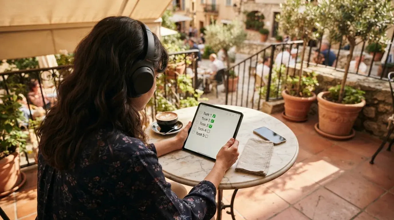 Una persona con auriculares revisa una lista en una tableta apoyada sobre una mesa de café en una terraza soleada.