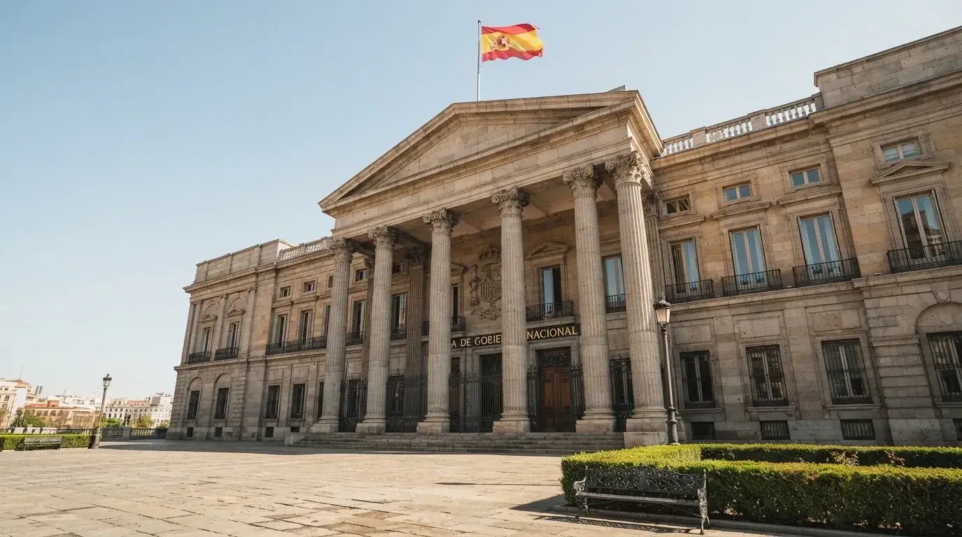 Un edificio gubernamental con columnas clásicas y una bandera bajo un cielo despejado, fotografiado desde una plaza tranquila.