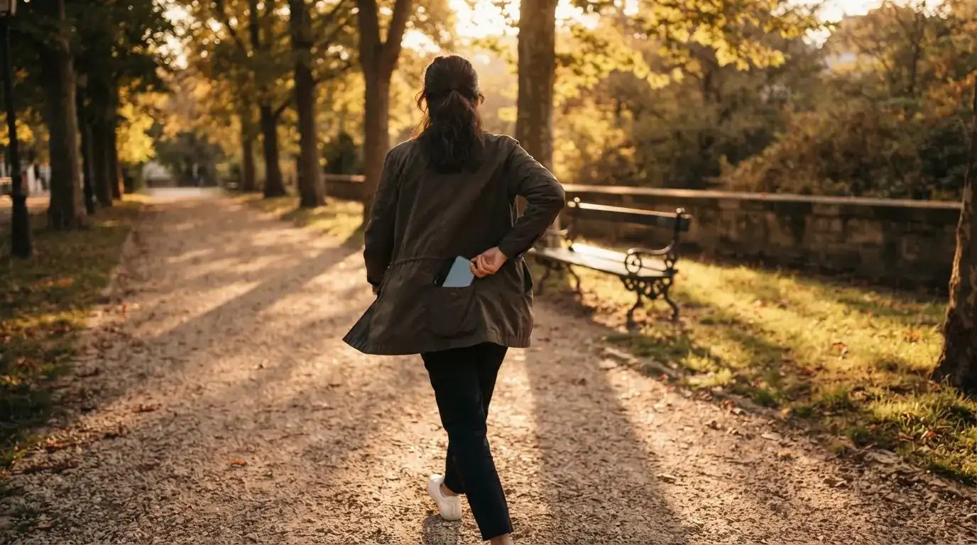Una persona guarda su teléfono en el bolsillo mientras camina por un parque tranquilo durante el atardecer.