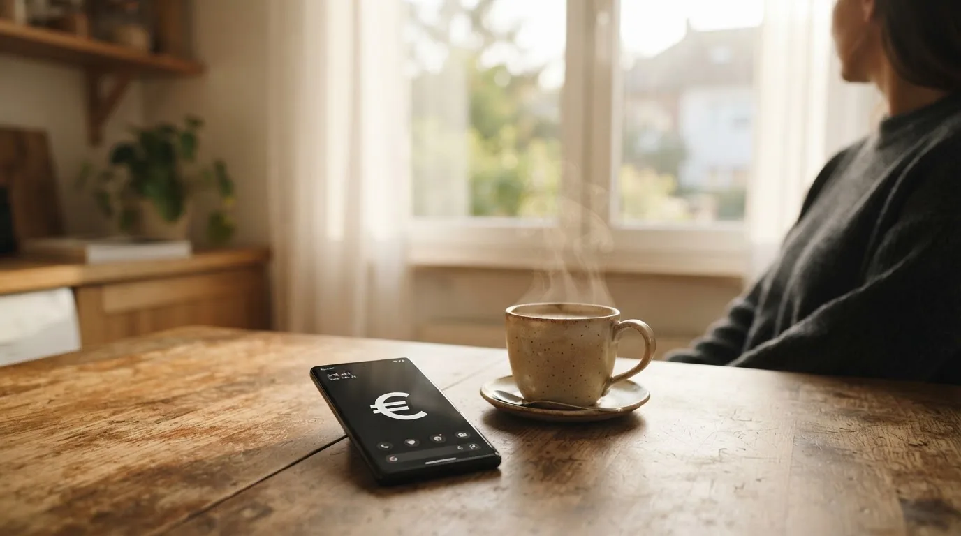 Una persona sostiene una taza de café mientras mira un teléfono móvil sentada junto a una ventana con luz de mañana.