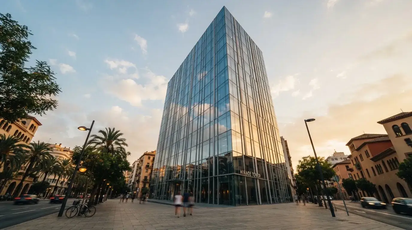 Un edificio de oficinas con fachada de cristal reflejando nubes, fotografiado desde una acera ancha por la tarde.
