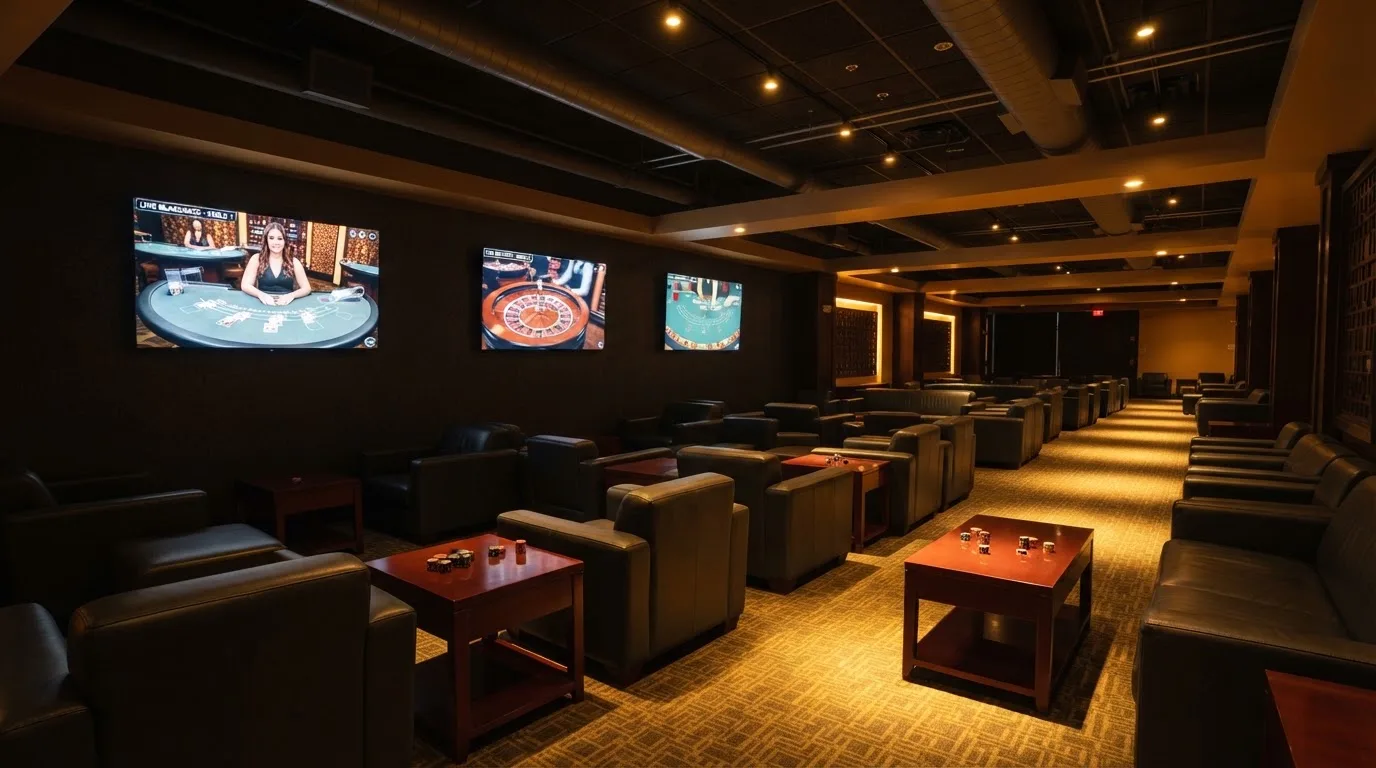 Fotografía de un salón de casino moderno con pantallas de transmisión en directo y sillones cómodos, ambiente cálido y profesional.