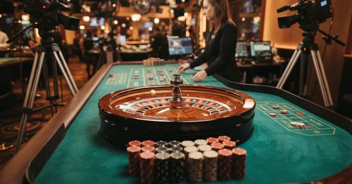 Fotografía realista de una mesa de crupier en vivo con ruleta y fichas de casino, cámaras profesionales enfocando la acción en un estudio elegante.