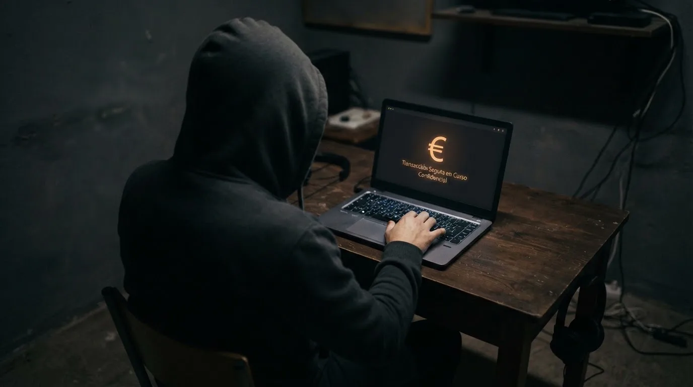 Fotografía de una persona con capucha usando un portátil en una habitación oscura, transmitiendo la idea de anonimato en línea.