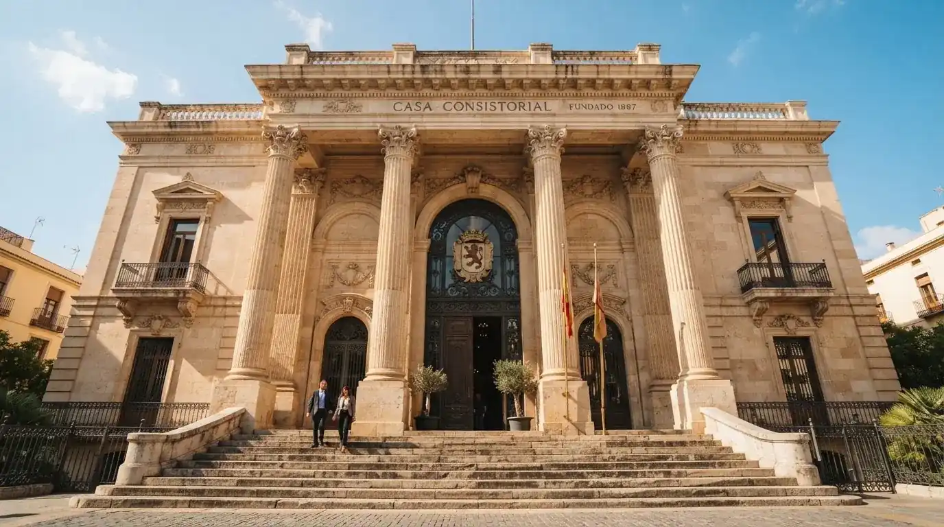 Fotografía de la fachada de un edificio institucional español con columnas clásicas bajo un cielo despejado.