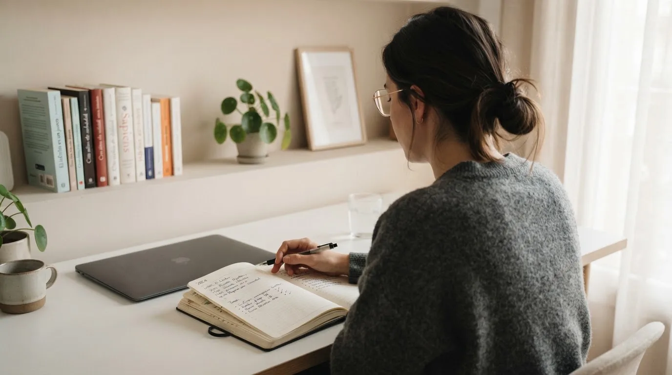Una mujer con gafas revisa su agenda en un escritorio de oficina moderna con estanterías al fondo.