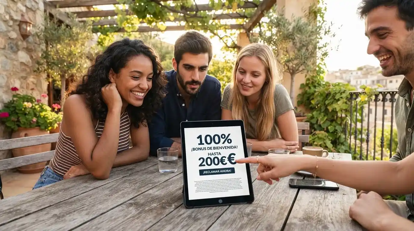 Un grupo de amigos revisa algo en una tableta sobre una mesa de madera en una terraza al aire libre.