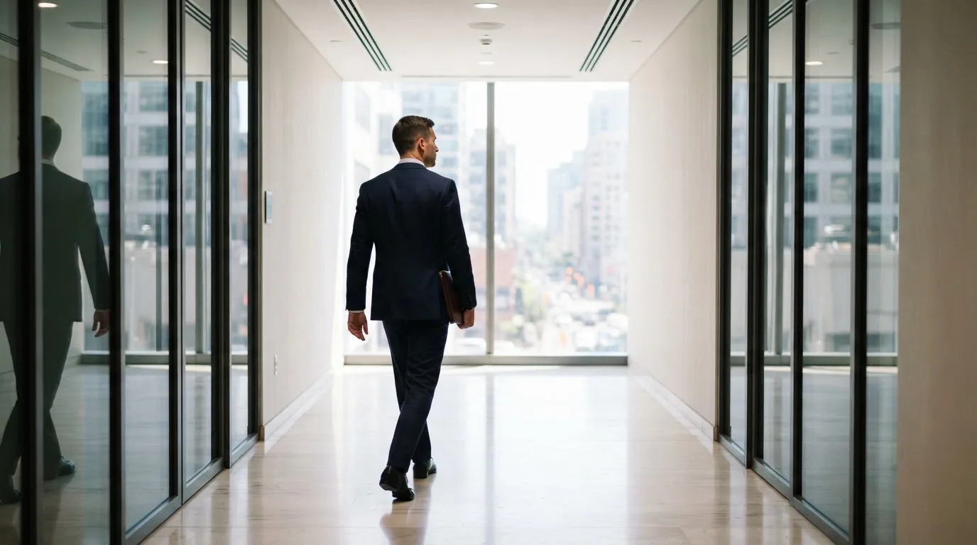 Un hombre con traje camina por el pasillo de un edificio de oficinas moderno con grandes ventanales.