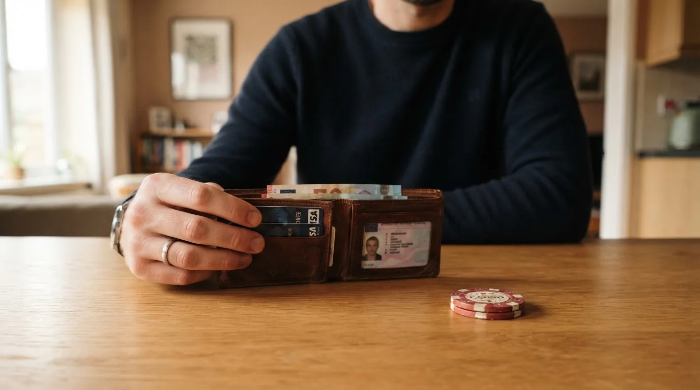 Un hombre revisa su cartera con tarjetas y monedas sobre una mesa de madera en casa.