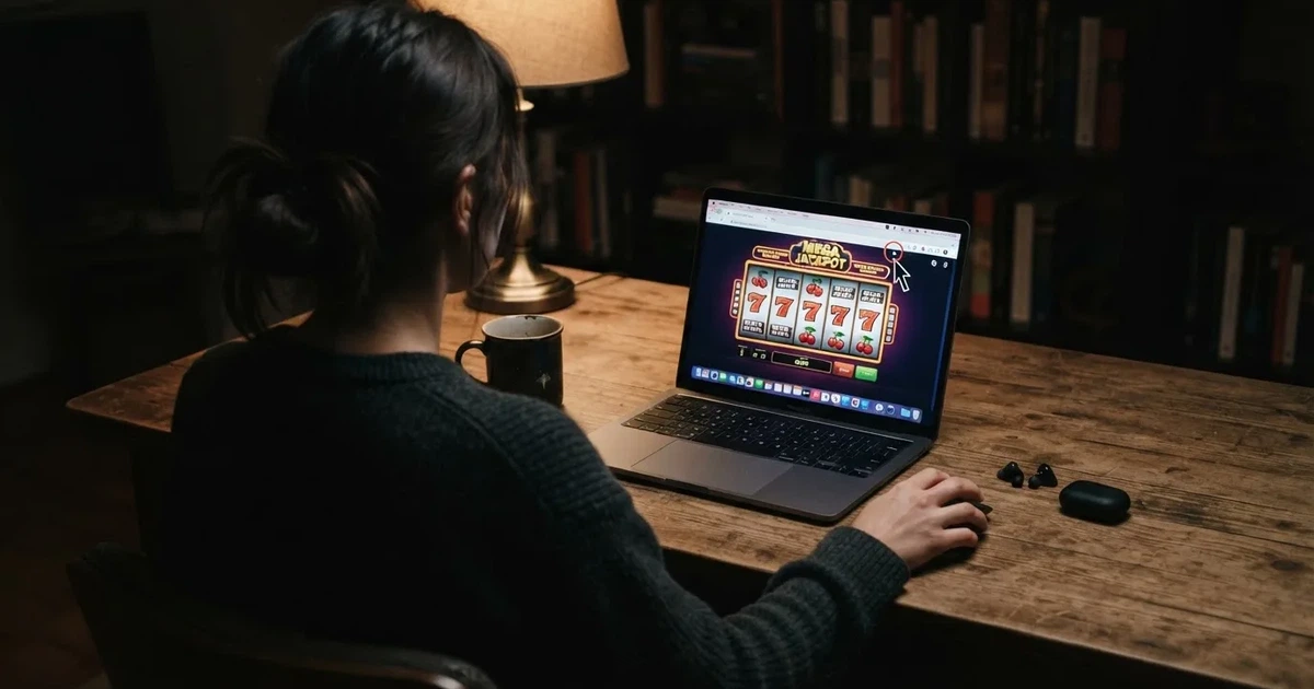 Una persona pausa frente a la pantalla del ordenador antes de cerrar la sesión de un casino online, sentada en su escritorio.