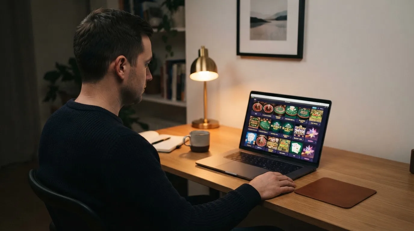 Un hombre explora distintos juegos gratuitos de casino en la pantalla de su ordenador portátil, sentado en su escritorio.