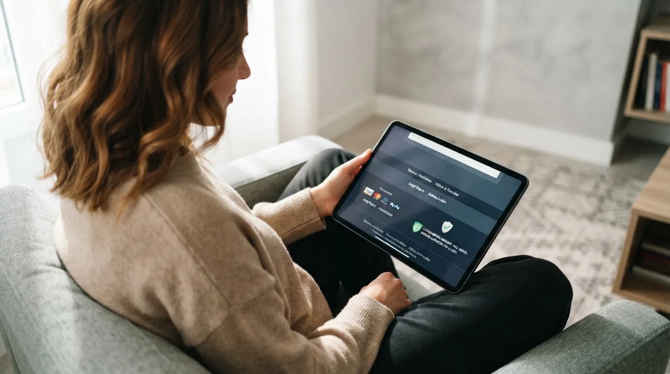 Una mujer comprueba la licencia de un casino en el pie de página de la web desde la pantalla de su tableta.