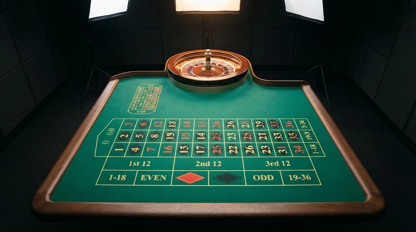 Una mesa de ruleta en vivo vacía momentos antes de empezar la retransmisión, con luces de estudio profesional encendidas.