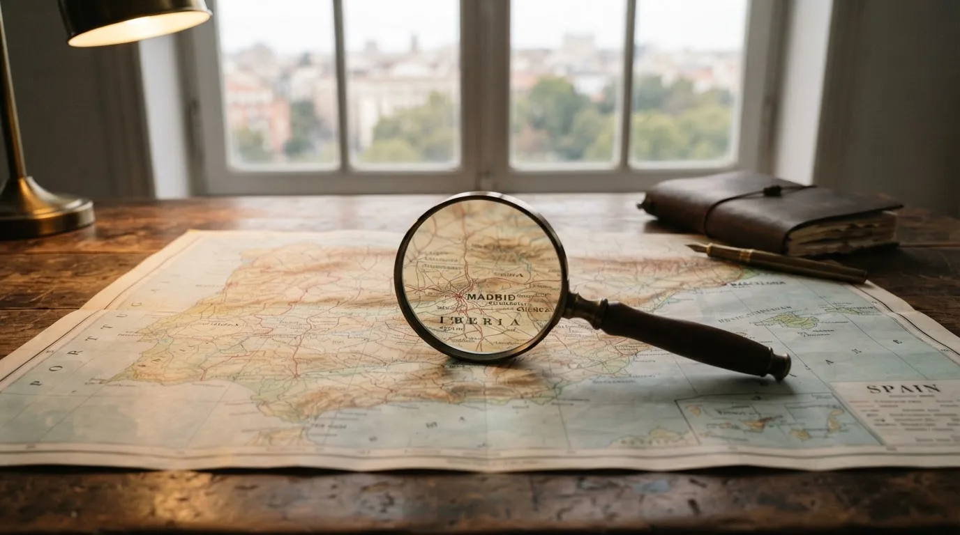 Una lupa sobre un mapa de España iluminado en un escritorio de oficina, con una ventana al fondo desenfocada.