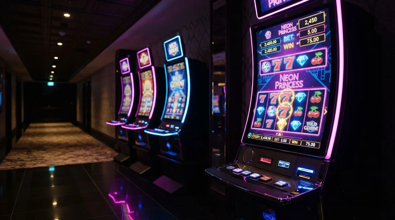 Una hilera de máquinas tragaperras modernas con luces de colores encendidas, fotografiada en un pasillo de casino vacío.