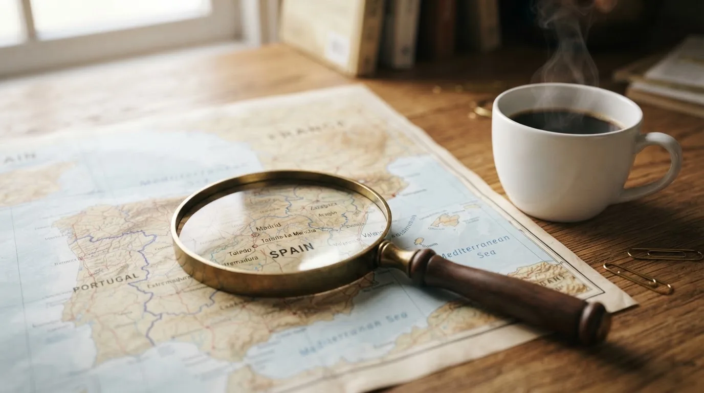 Una lupa sobre un mapa de España colocado en un escritorio de madera junto a una taza de café humeante.